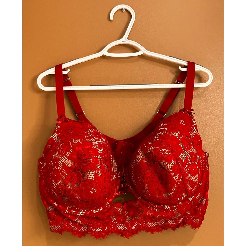 CACIQUE 46DD Bra Red Lacy Lightly Lined Balconette Underwire HOOK EYE Sexy‎ 46E